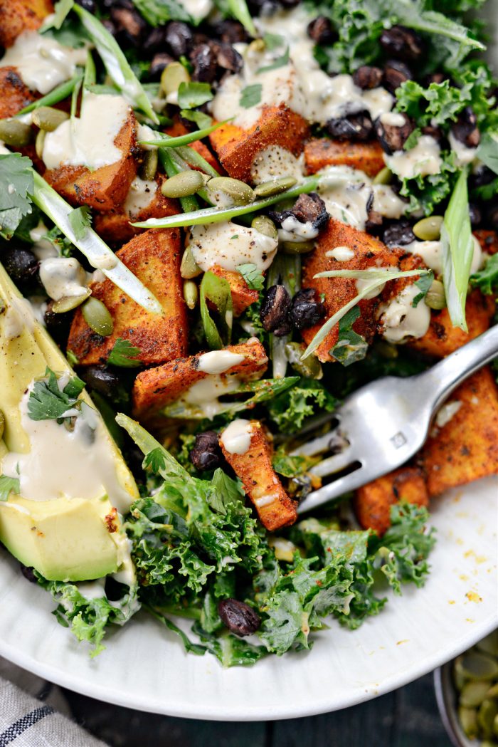 Roasted Sweet Potato Black Bean Kale Salad