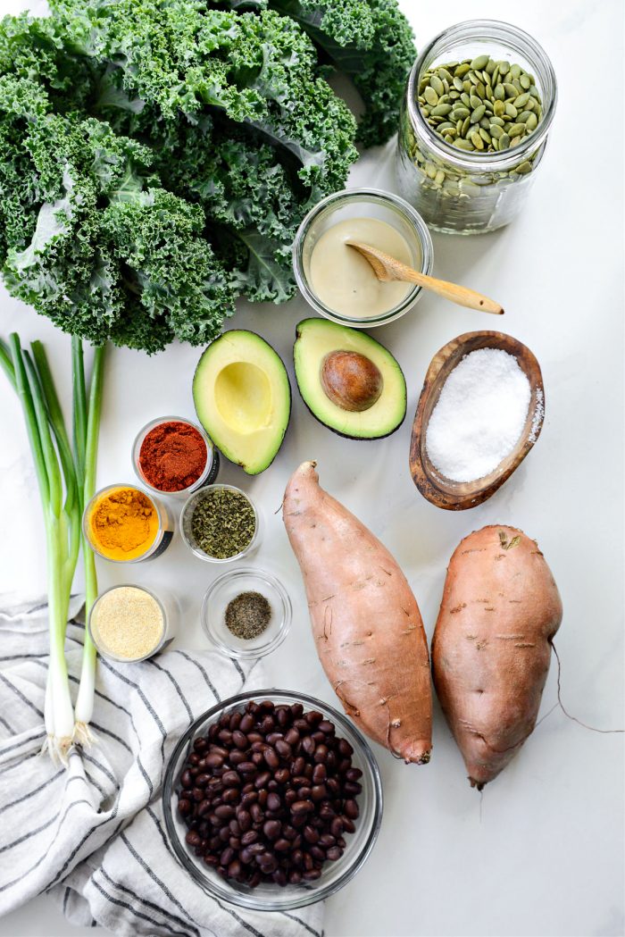 Ingredients for Roasted Sweet Potato Black Bean Kale Salad