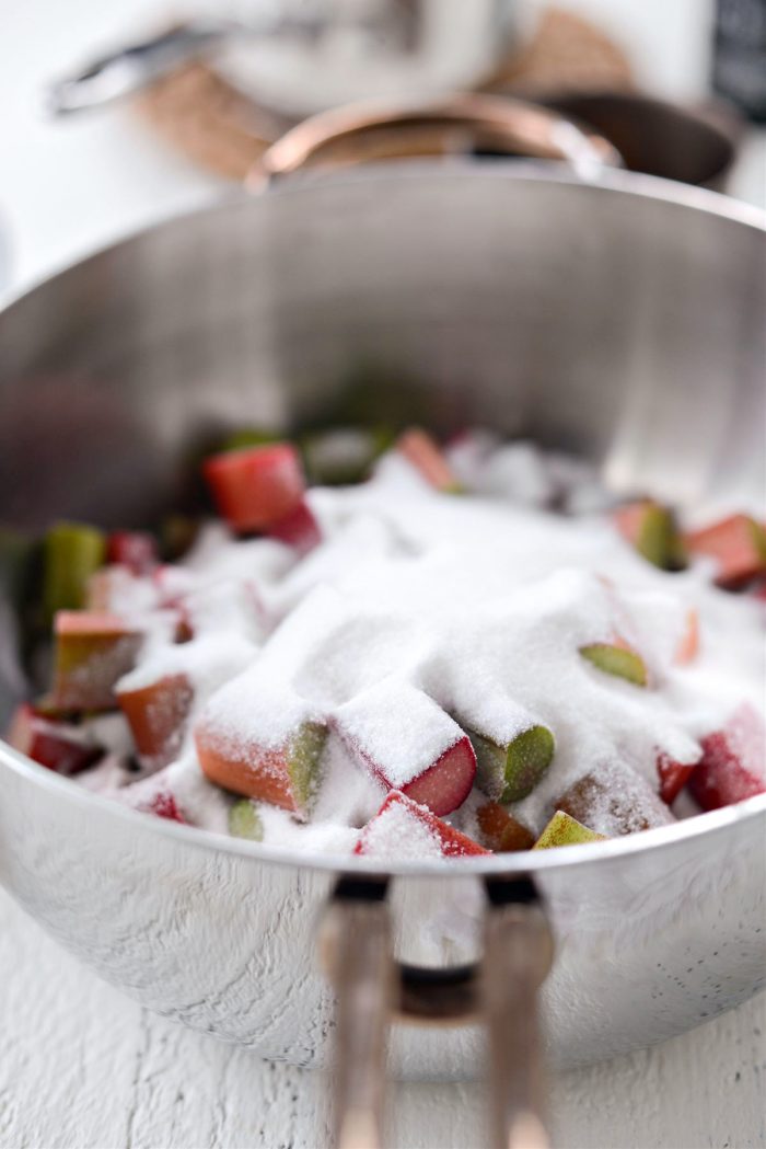 rhubarb and sugar in a saucepan