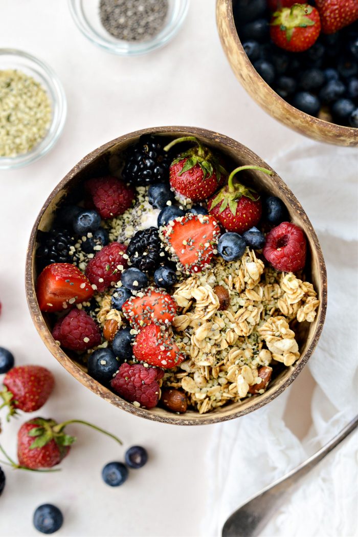 top with fresh berries, chia seeds and/or hemp