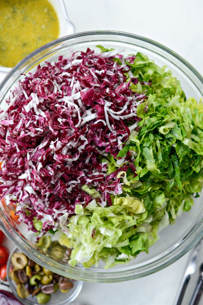 iceberg, romaine and radicchio in bowl