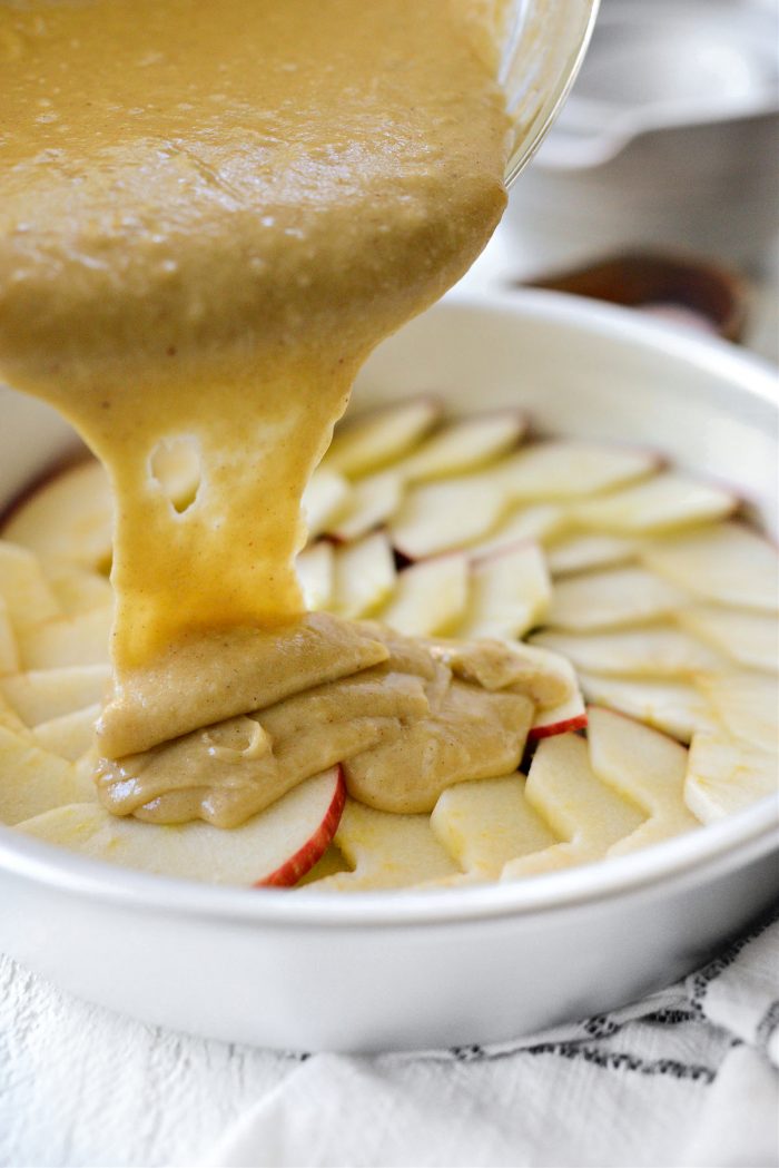 pour batter over apples