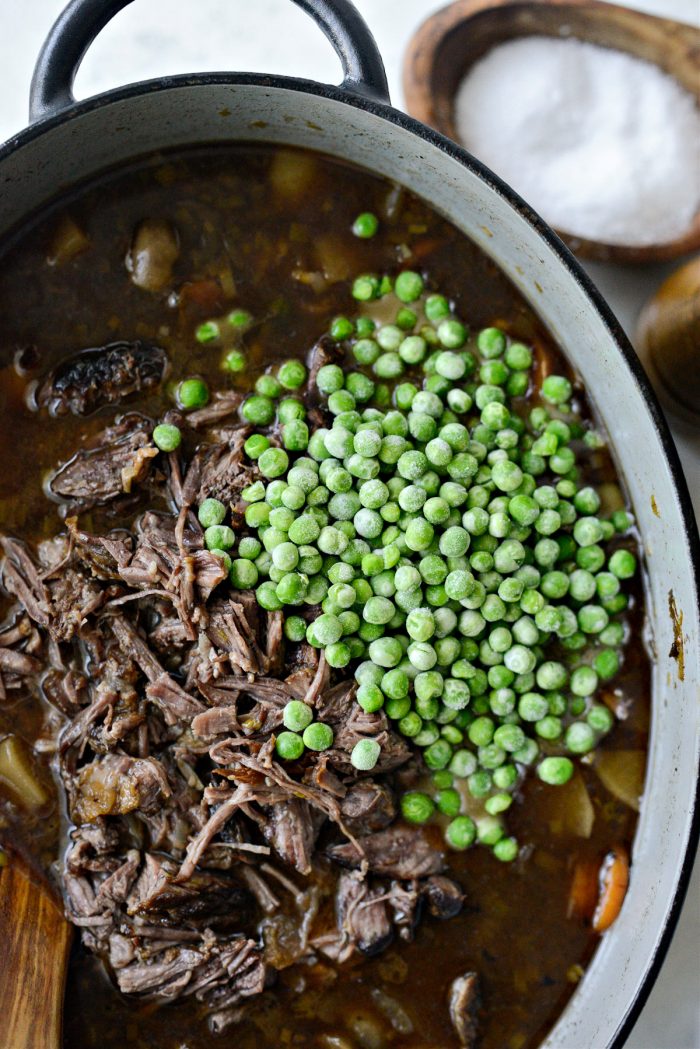 add beef and peas to the soup