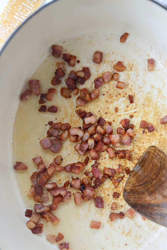 once pancetta is crispy, remove to paper towel lined plate.