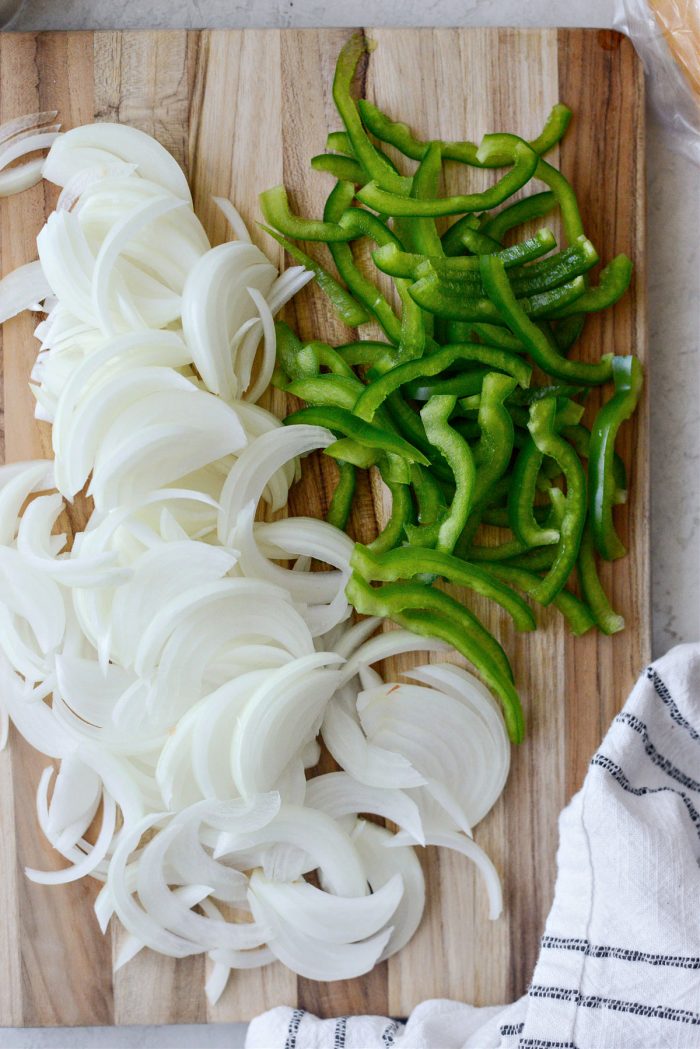 sliced green pepper and yellow onion