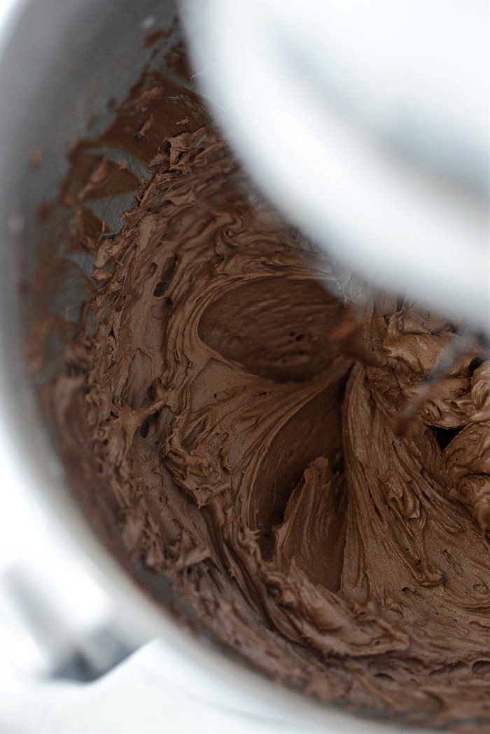 Whipped Chocolate Buttercream in mixing bowl