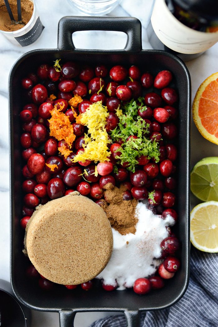 add cranberries, citrus zest, brown and white sugar, salt and cinnamon.