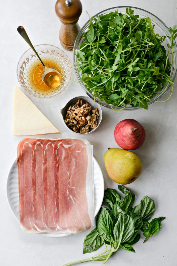 ingredients for Pear and Prosciutto Arugula Salad