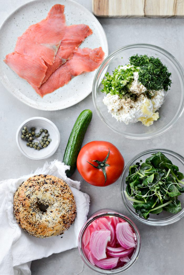 ingredients for Smoked Salmon Bagel Sandwich