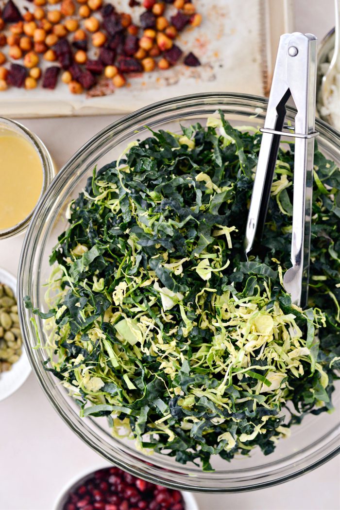 thinly sliced kale and brussels tossed together