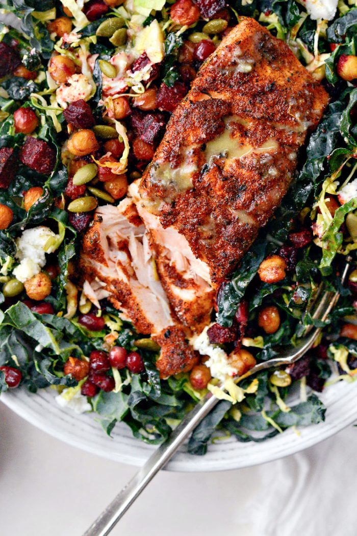 Roasted beet and chickpea salad.  with salmon