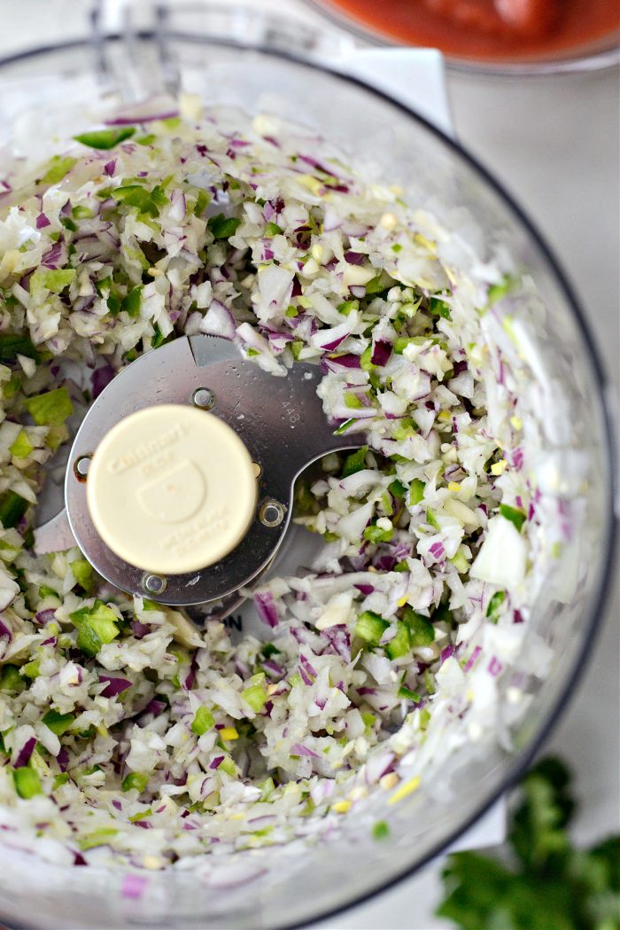 finely chopped onions, jalapeno and garlic