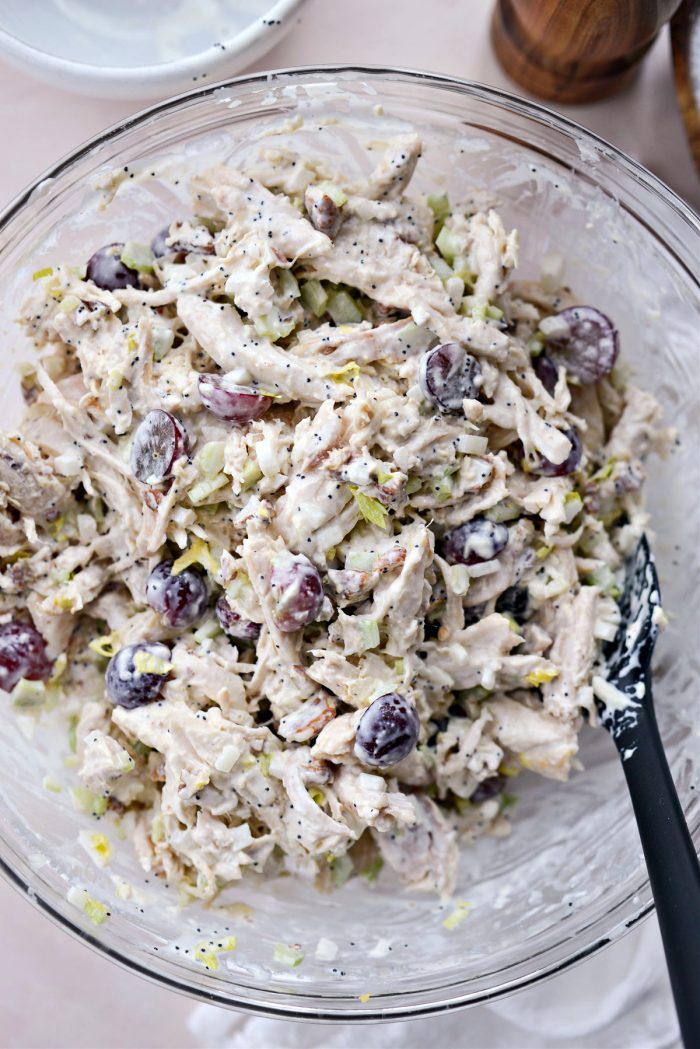 Chicken Salad with Grapes and Pecans in mixing bowl.