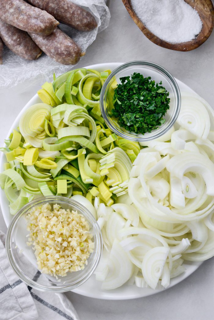 Prepped onions, leeks, garlic and parsley