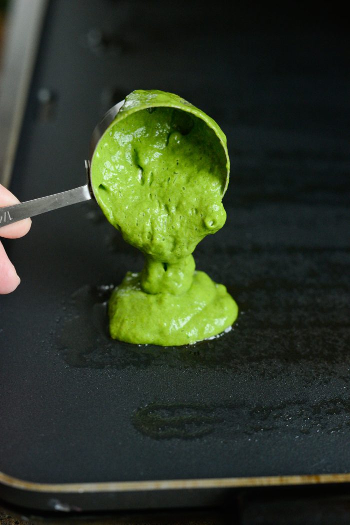 pouring batter onto preheated griddle