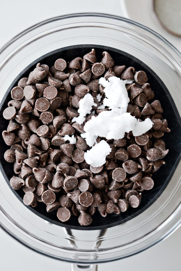 chocolate chips and coconut oil in double boiler