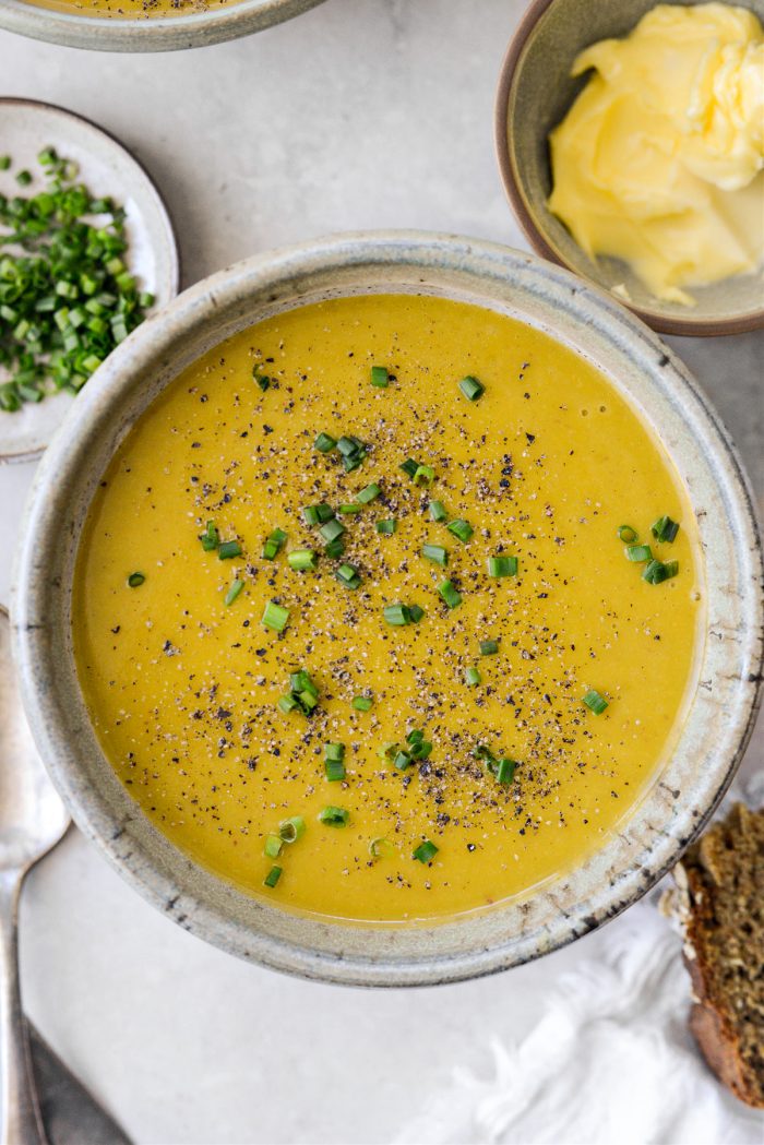 Irish vegetable soup with lots of black pepper and chives