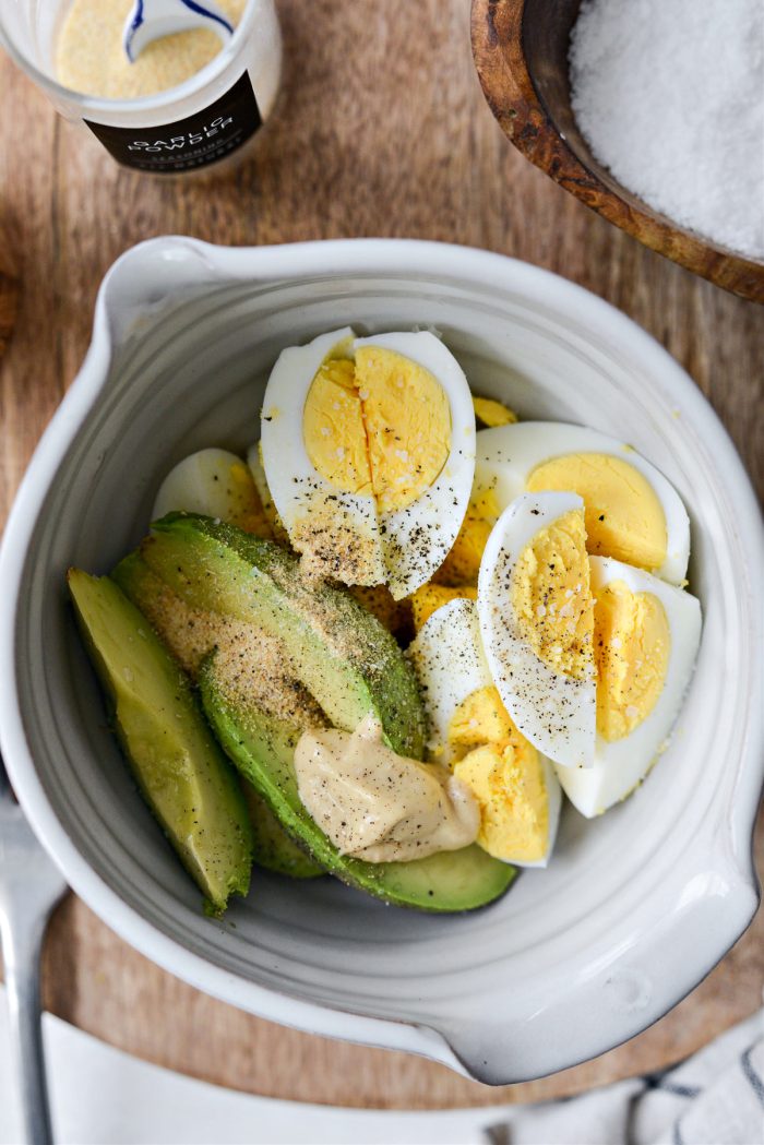 avocado, hardboiled eggs, dijon, salt, pepper and dijon