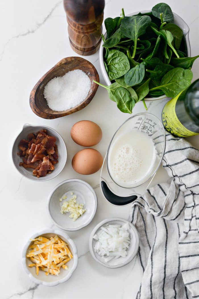 ingredients for Cheesy Spinach Bacon Frittata