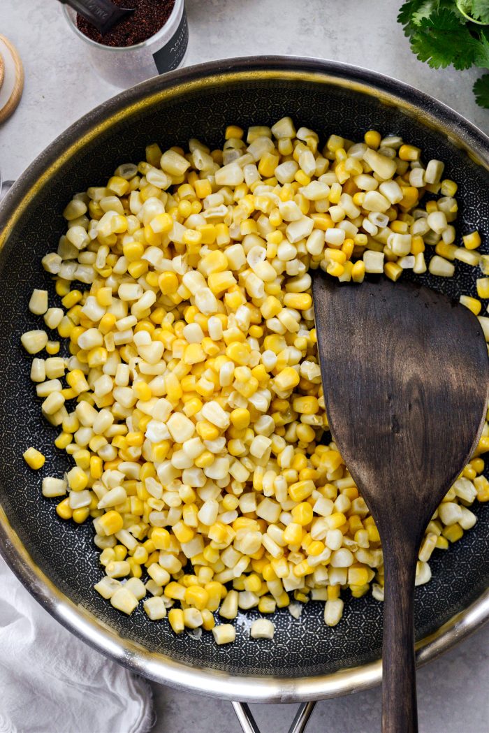 thawed corn in skillet