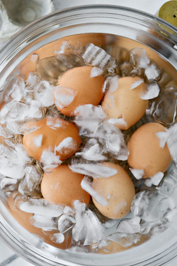 Add eggs to the ice water bath