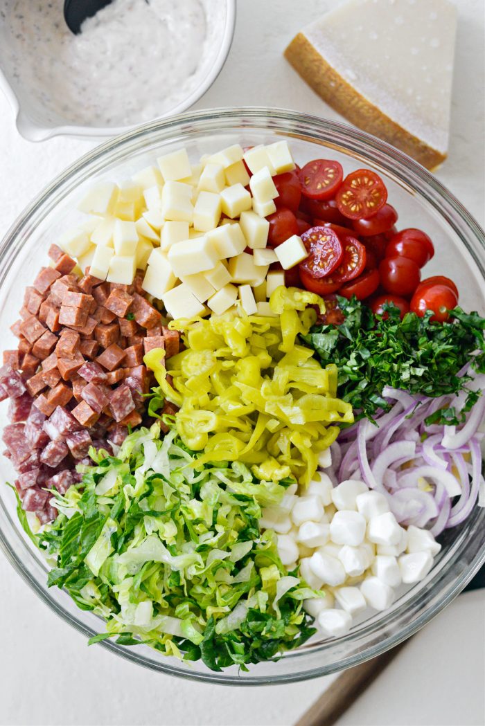 pasta salad ingredients in bowl