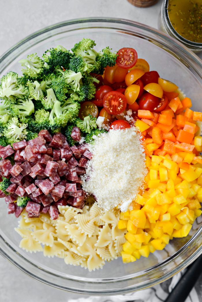 prepped salad ingredients in bowl
