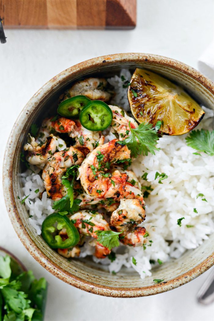 Grilled Garlic Cilantro Lime Shrimp with rice