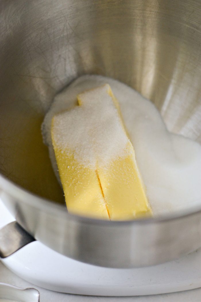 butter and sugar in bowl of stand mixer