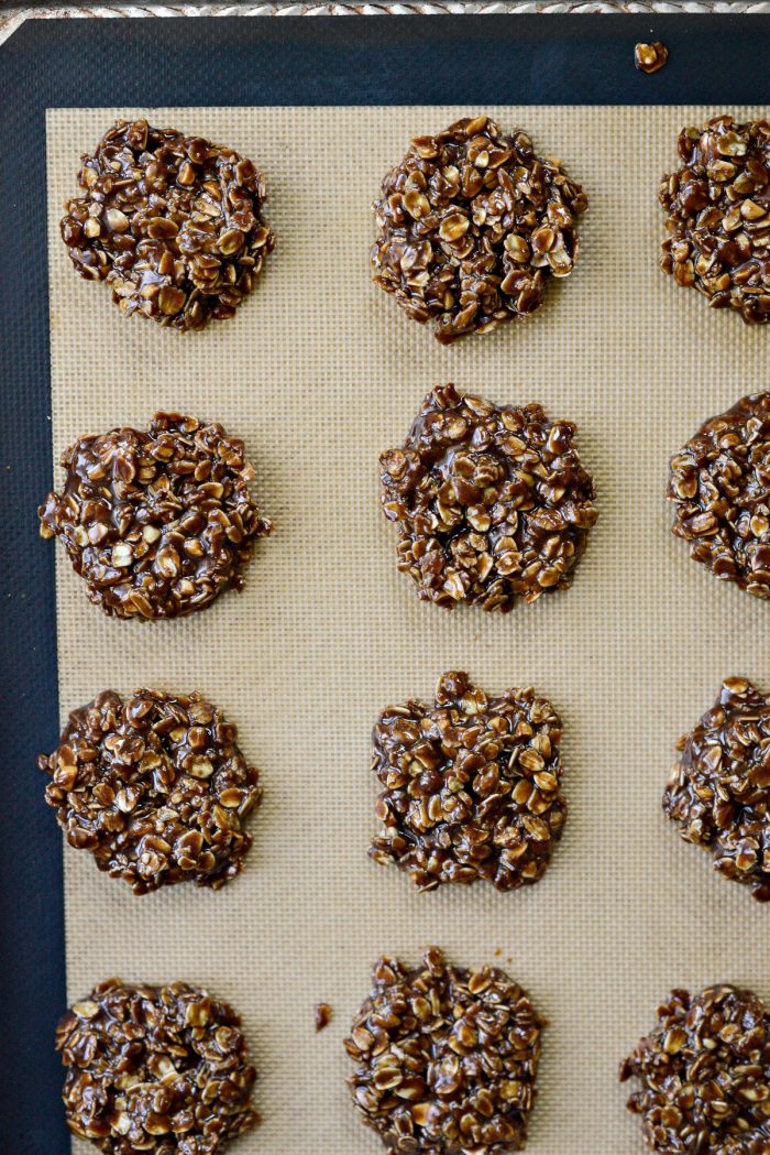 no-bake cookies on lined pan.