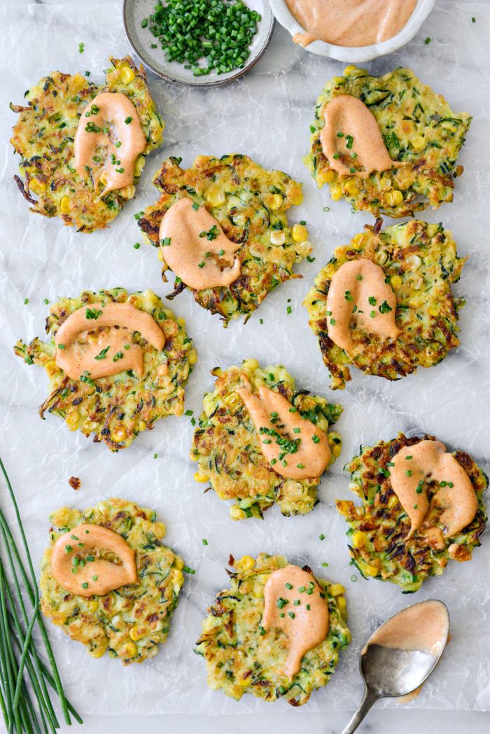 Zucchini Corn Fritters with Yum Yum Sauce and chives