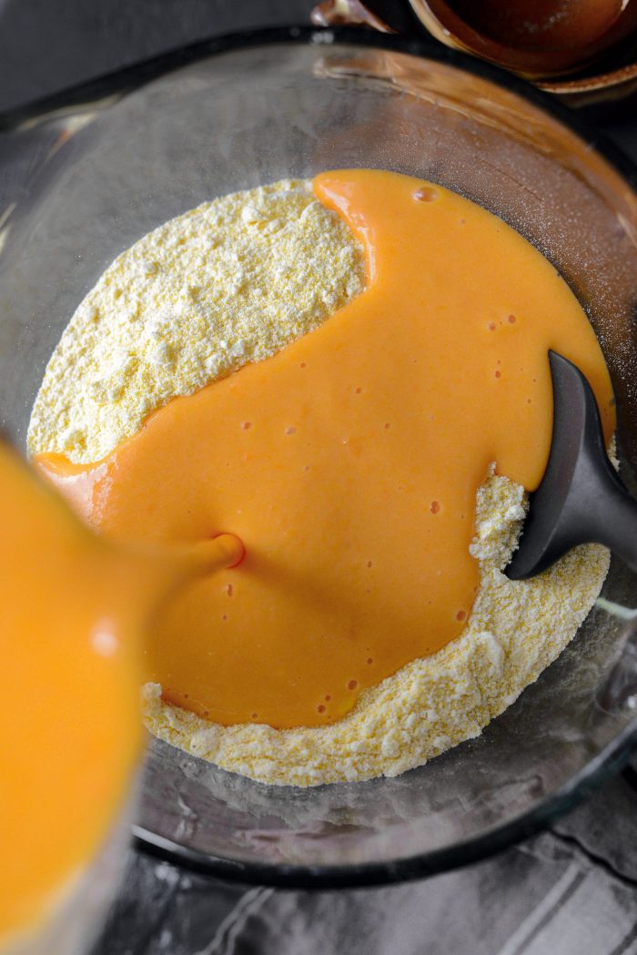 transfer cornmeal mixture to a bowl and pour in wet ingredients