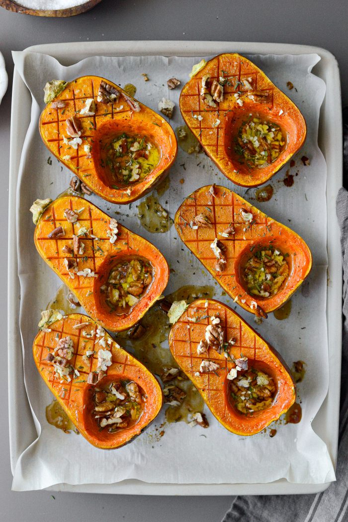 Roasted Maple Rosemary Honeynut Squash out of the oven