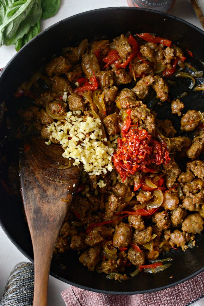 once cooked add in garlic and Calabrian chilis