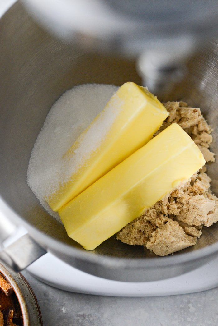 butter and sugars in mixing bowl