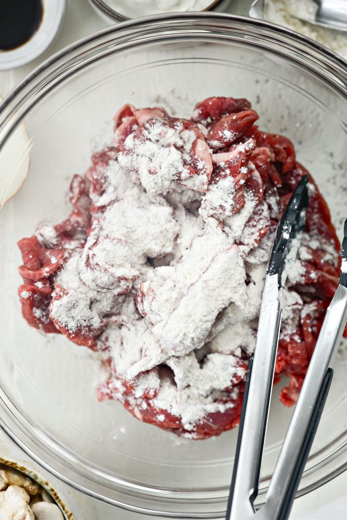 sliced steak with salt and flour