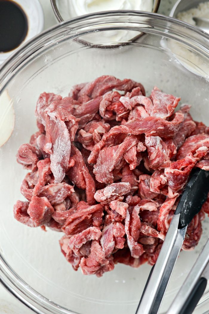 sliced steak tossed with salt and flour