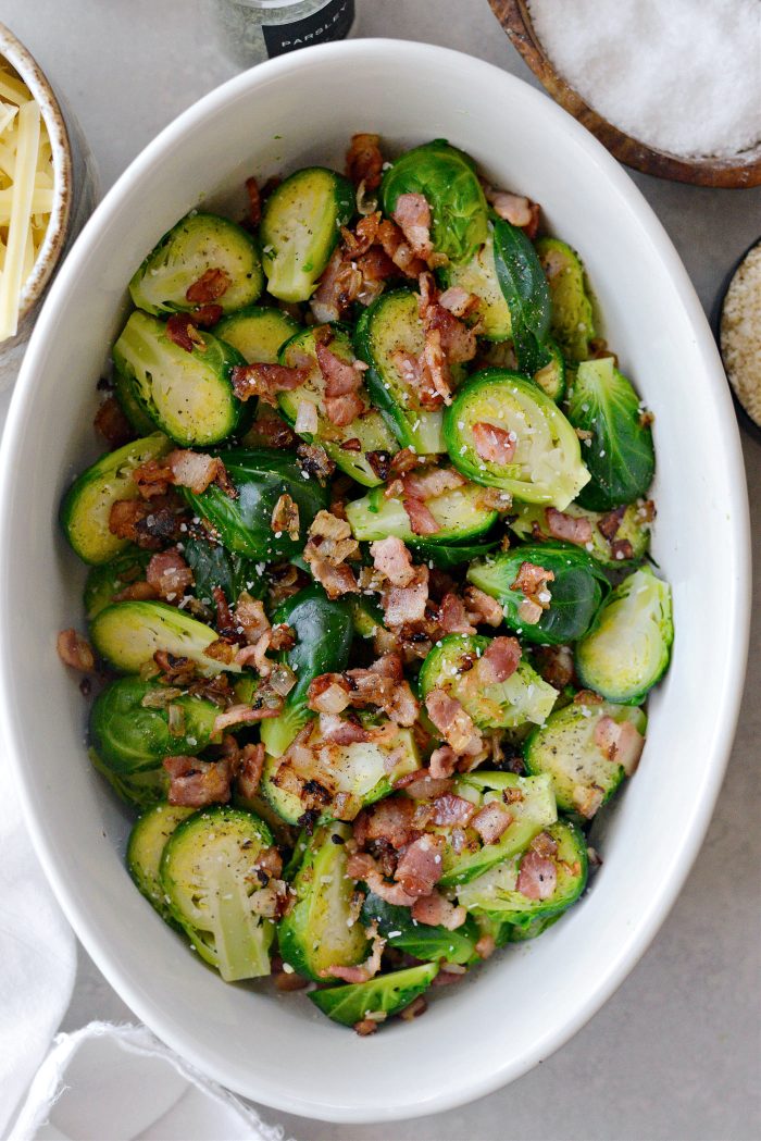 layer half the brussels sprouts and top with bacon and repeat..
