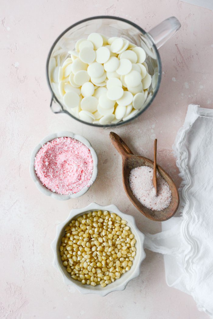 ingredients for White Chocolate Peppermint Popcorn