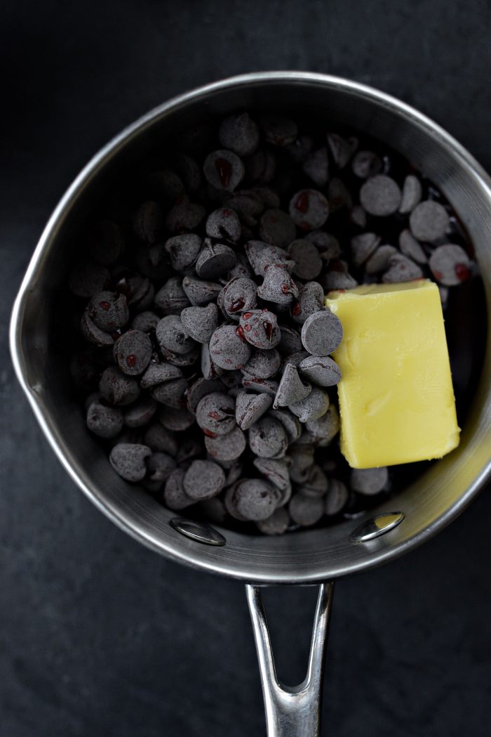 add semi sweet chocolate, butter and wine to small saucepan