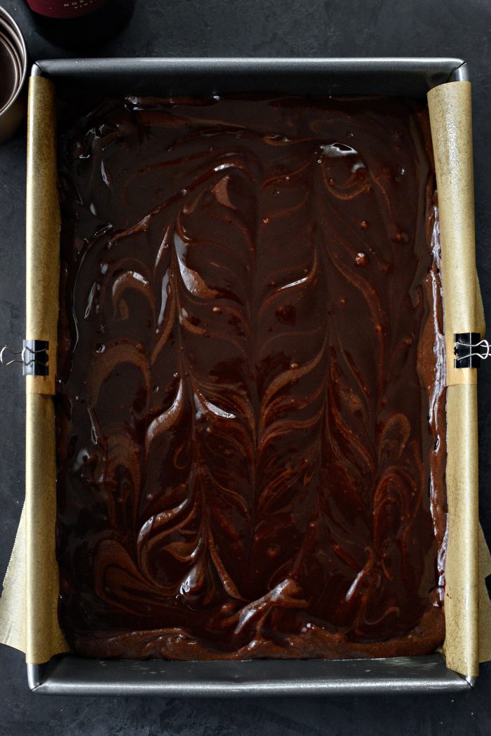 swirled ganache in brownie batter
