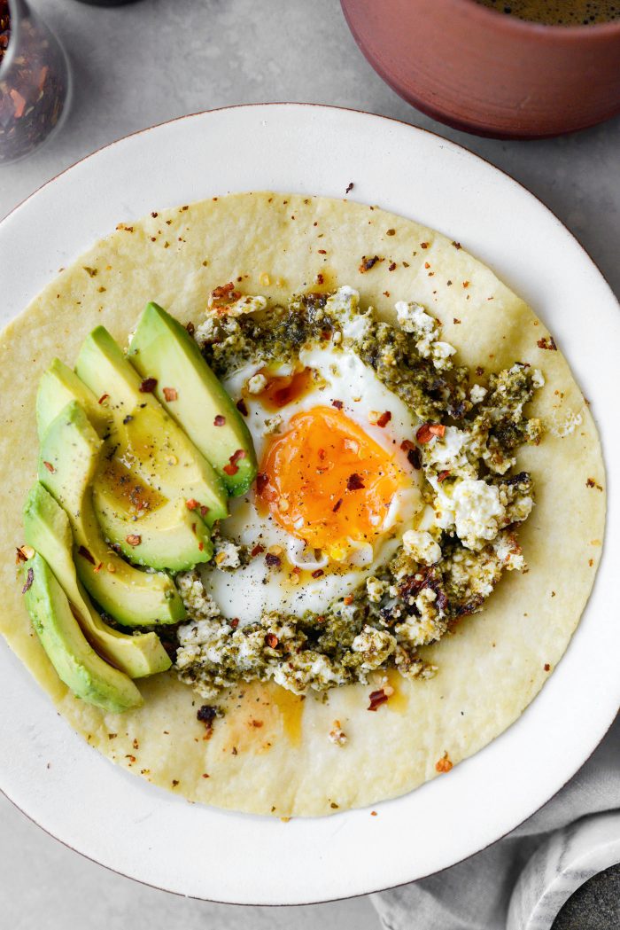 basil pesto and feta fried egg