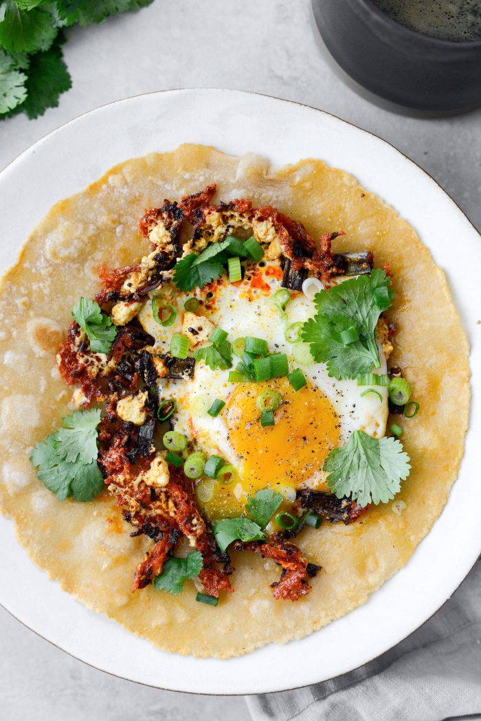 chili crunch and feta fried eggs