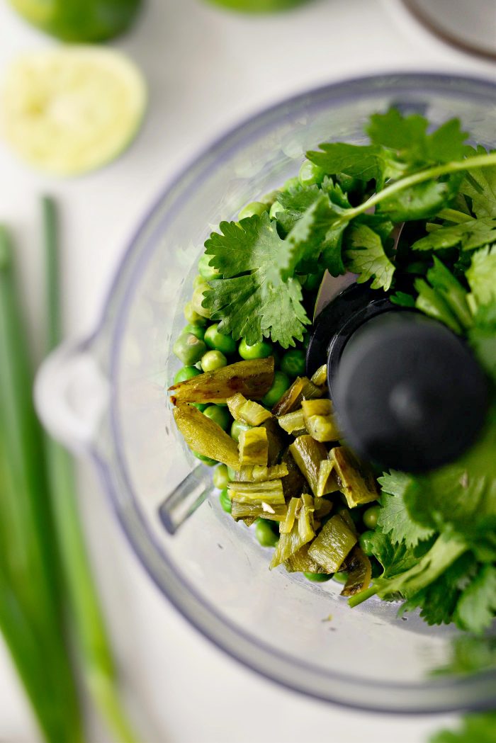 add peas, cilantro and prepped roasted Serrano peppers