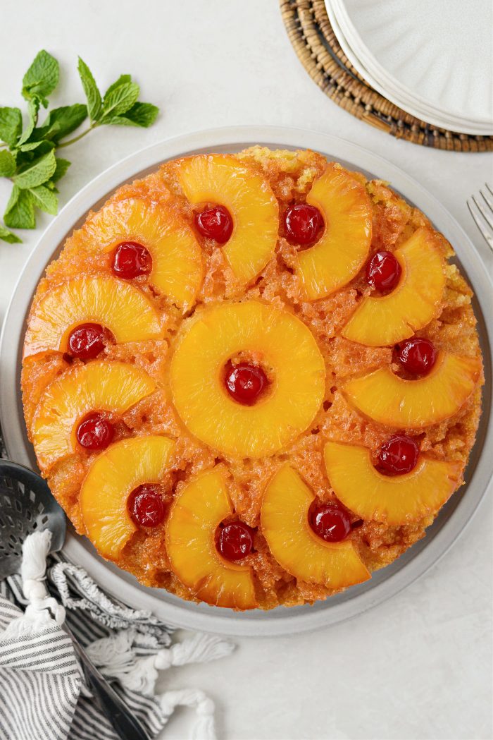 inverted Pineapple Upside Down Cake on plate