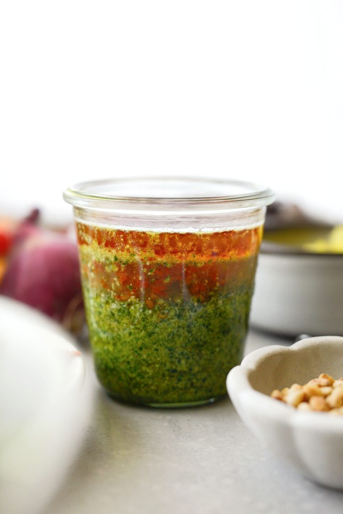 pesto vinaigrette ingredients in jar