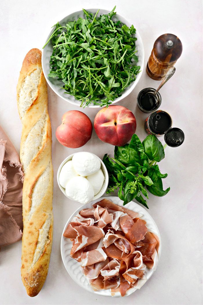 ingredients for Peach Prosciutto and Burrata Sandwich