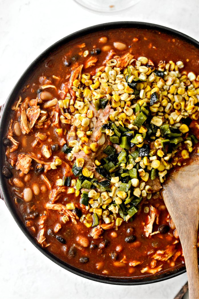 Then add beans, charred corn and poblano
