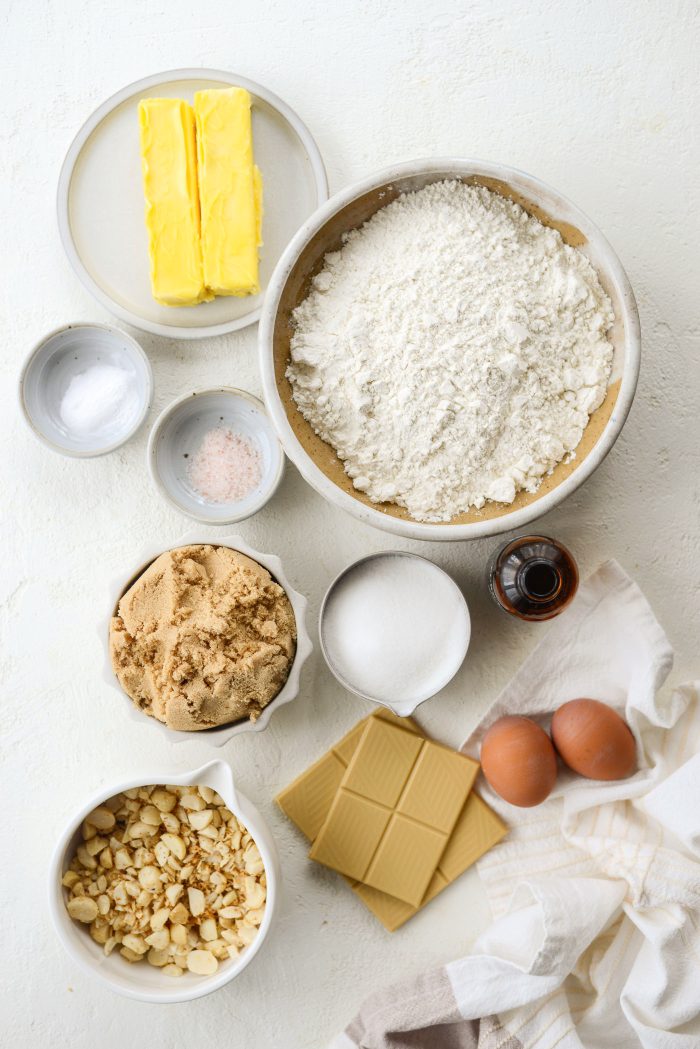 ingredients for White Chocolate Chunk Macadamia Nut Cookies