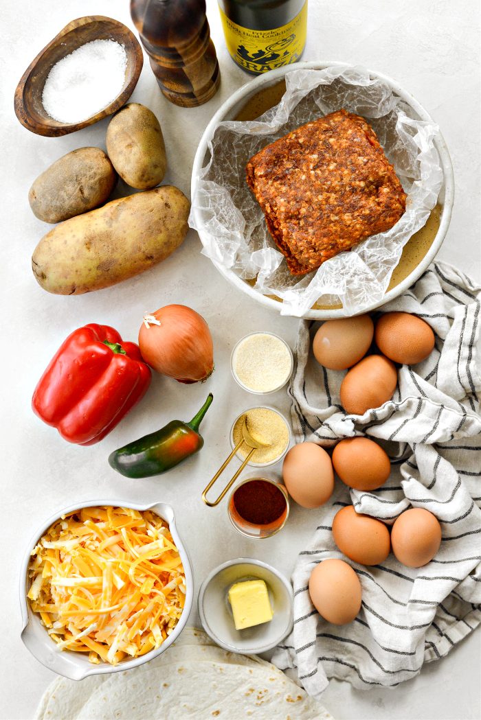 Ingredients for Crispy Potato and Chorizo Breakfast Burritos